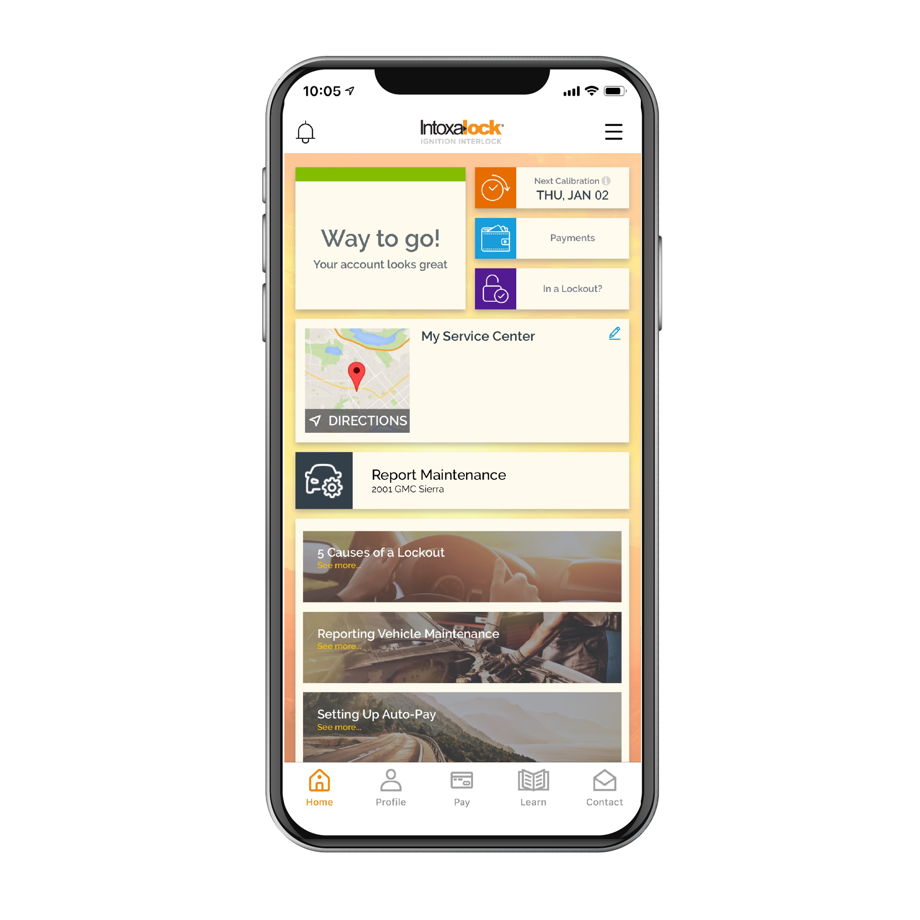 Intoxalock Mobile App home screen showing account status, next calibration date, and payments shortcut