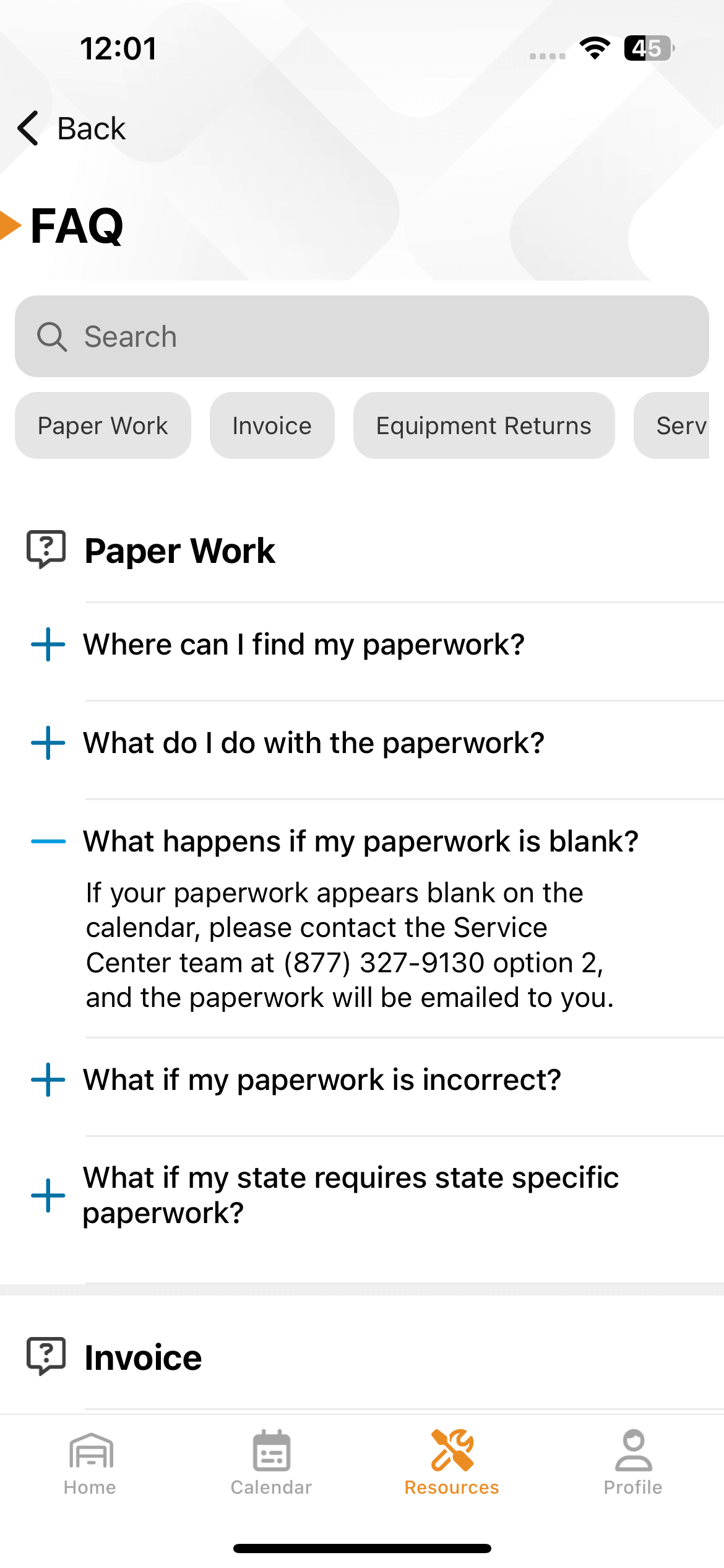 Frequently asked questions section in the Intoxalock T.E.C.H service center app