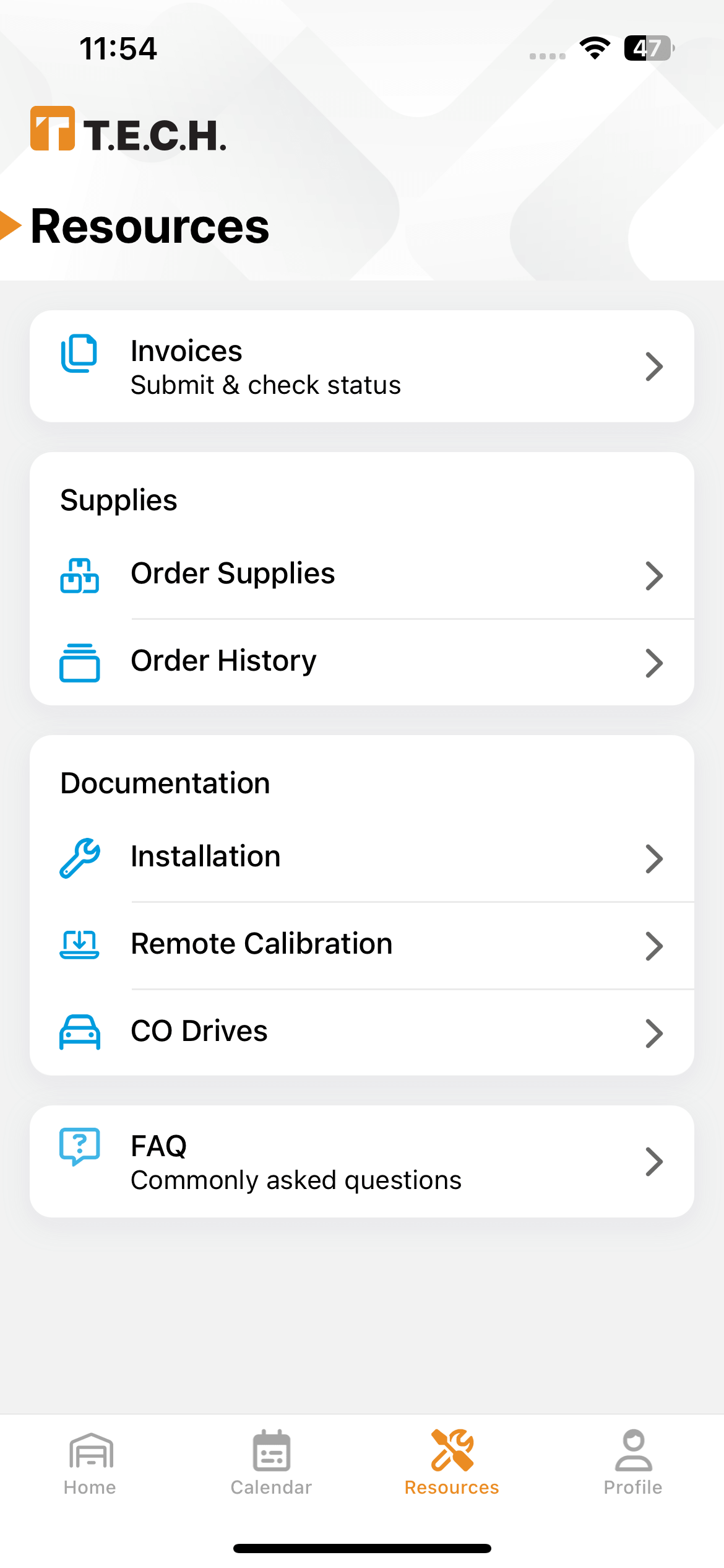 Resources section in the Intoxalock T.E.C.H service center app