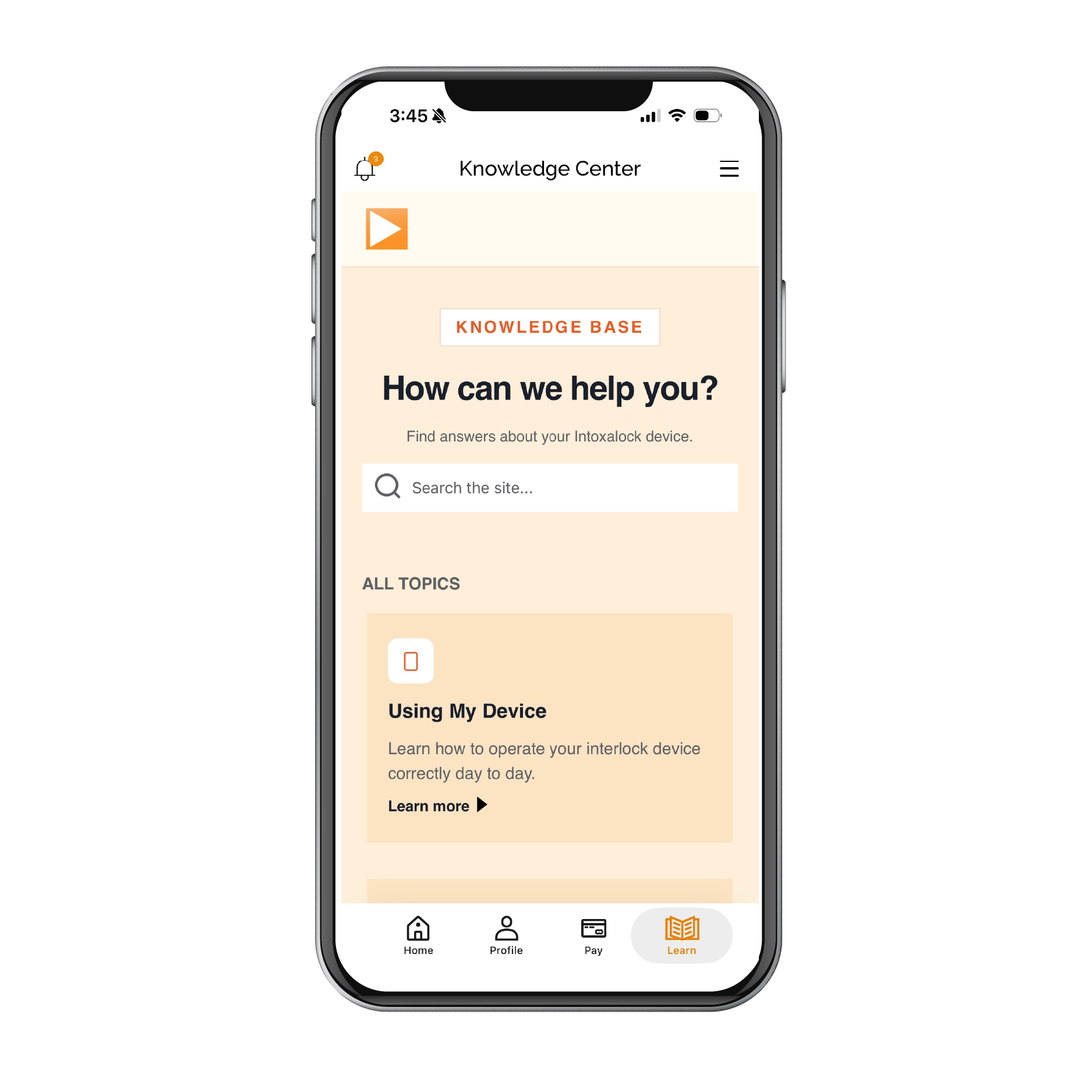 Intoxalock Mobile App Knowledge Center screen showing searchable help topics and tutorials