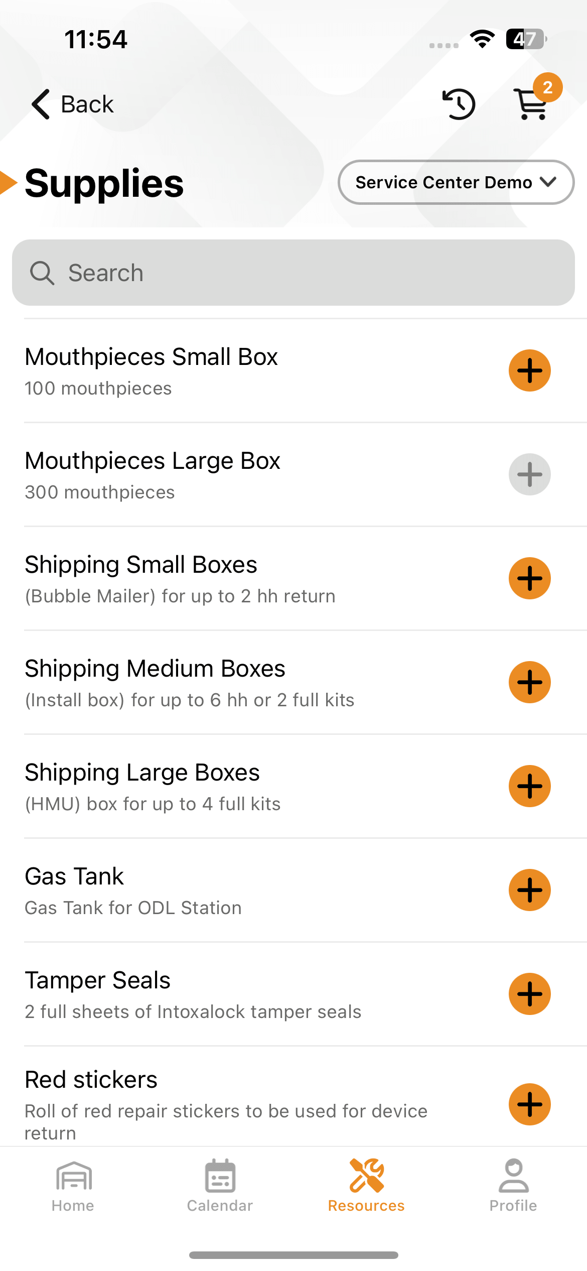 Order Supplies section in the Intoxalock T.E.C.H service center app