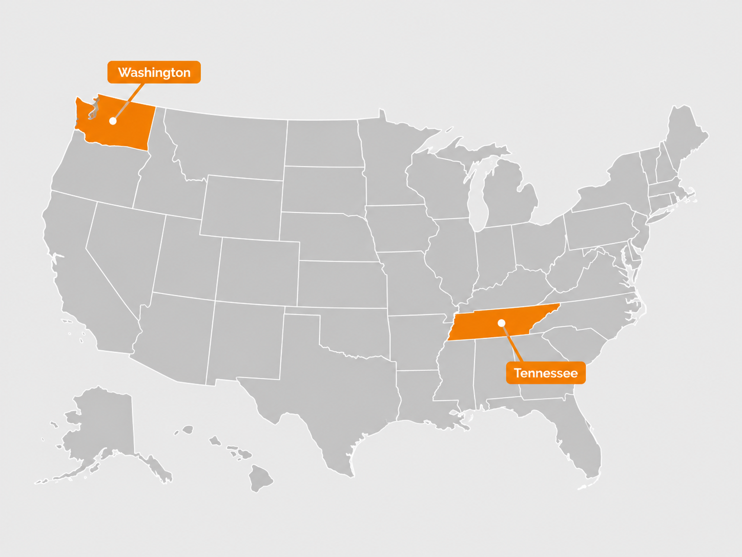U.S. map highlighting Tennessee and Washington