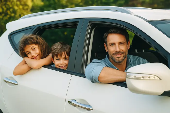 Father driving with two smiling children in the back seat