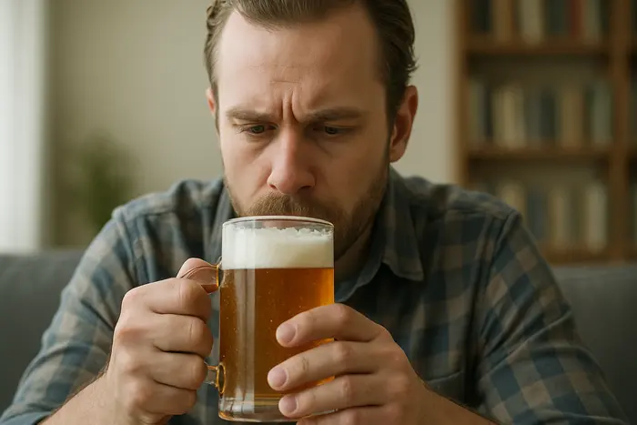 A man in a plaid shirt holding a glass beer mug with a foamy head