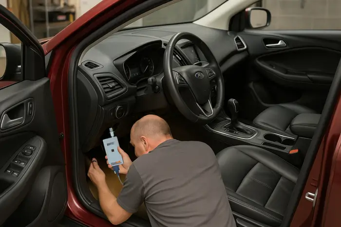 Interlock service technician kneeling beside the driver’s seat of a red car, holding an Intoxalock ignition interlock device while working under the dashboard