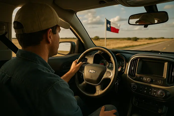 Man driving a truck along a rural Texas highway at sunset
