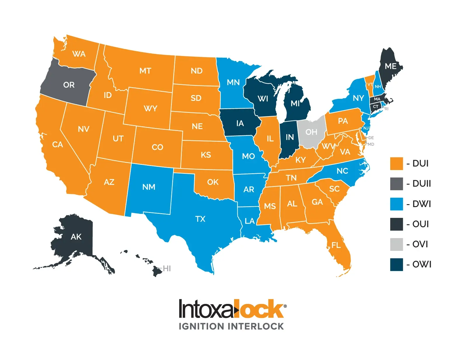 Map of the United States illustrating the usage of DUI, DWI, and OWI acronyms by state